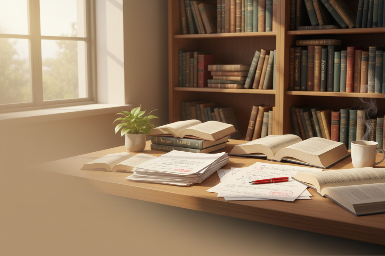 English teacher marking workspace